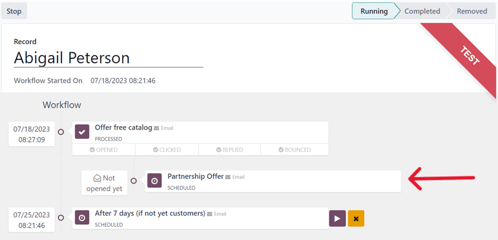 Framvinda prófunar á vinnuflæði í Odoo Marketing Automation.