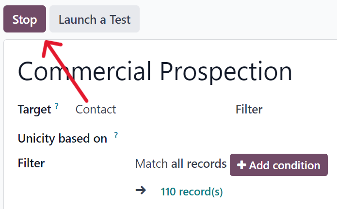 Stöðvuhnappur á dæmigerðri formsýn herferðar í Odoo Marketing Automation.