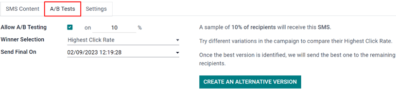 Flipinn A/B-próf á herferðarskjali í Odoo SMS Marketing.