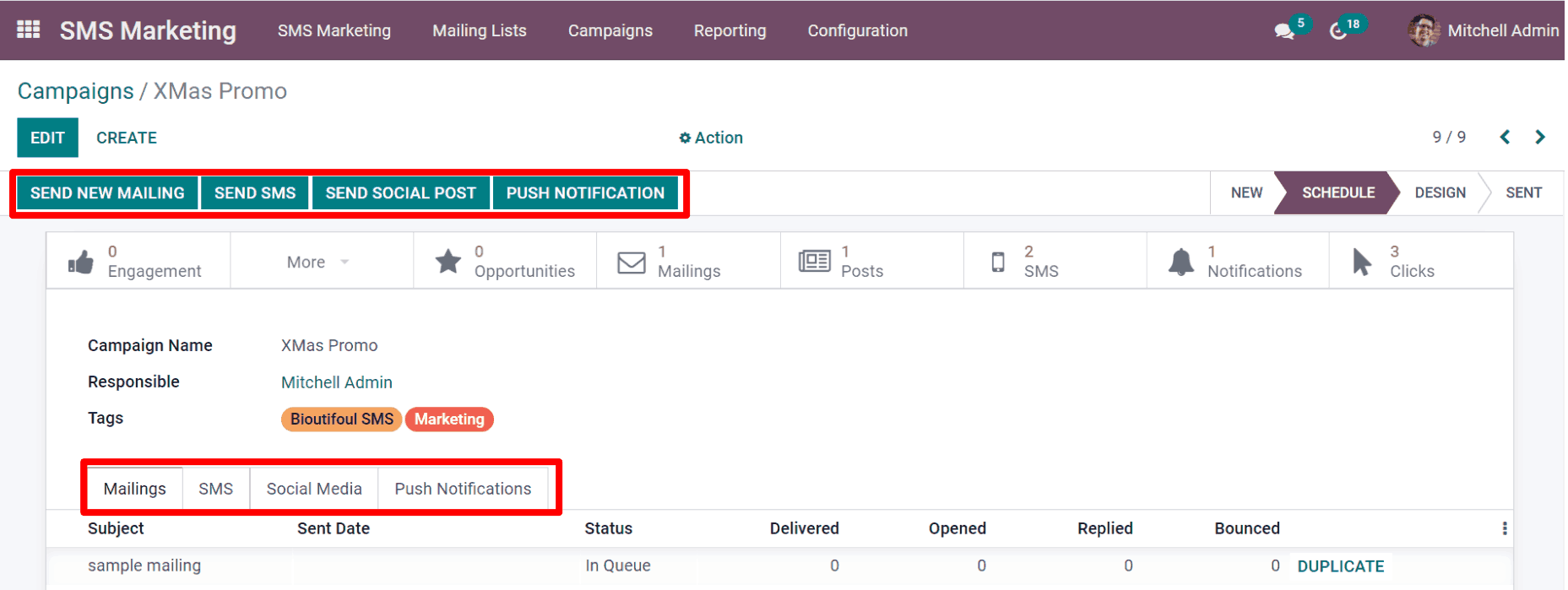 Sniðmát SMS-herferðar í Odoo SMS Marketing.