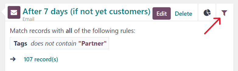 Útlit síuflipa aðgerðar í Odoo Marketing Automation.
