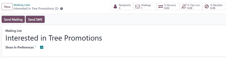 Sýn á eyðublað póstlista í Odoo Email Marketing.