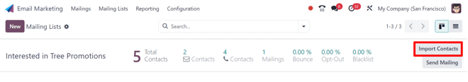 Innflutningshnappur tengiliða á línu póstlista í Odoo Email Marketing.