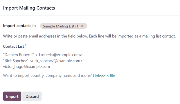 Sprettigluggi fyrir innflutning tengiliða á póstlista í Odoo Email Marketing.