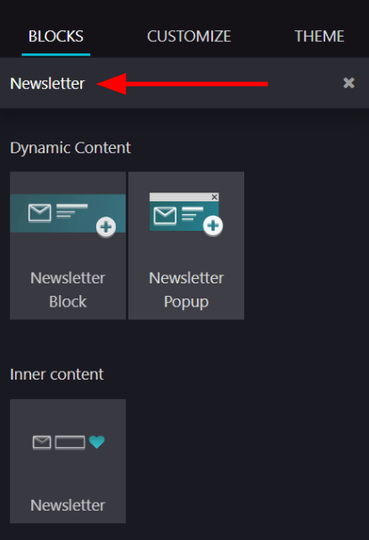 Hvernig leita má fljótt að Fréttabréfa-kubbum í Odoo Website.