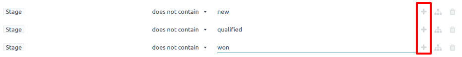 Þrjár síur sem krefjast þess að Stig inniheldur ekki New, Qualified eða Won.