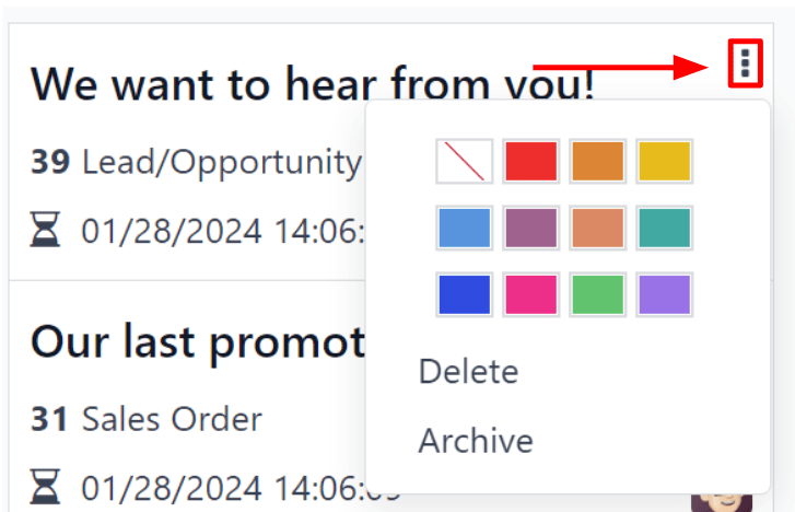 Sýnishorn af þriggja-punkta valmynd á stjórnborði Odoo Email Marketing.