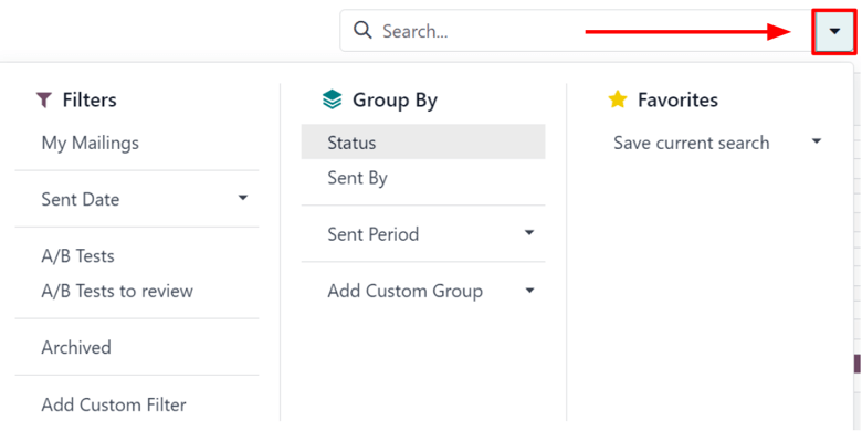 Fellivalmynd fyrir leit í Odoo Email Marketing.