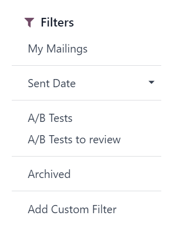 Skoðun á síuvalkostum á stjórnborði Odoo Email Marketing.