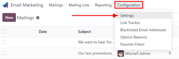 Sýn af valmynd Uppsetning með Stillingar í Odoo Email Marketing.