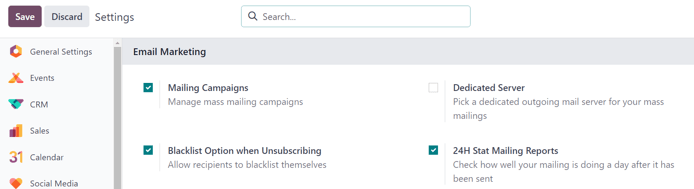 Sýn af síðunni Stillingar í Odoo Email Marketing.