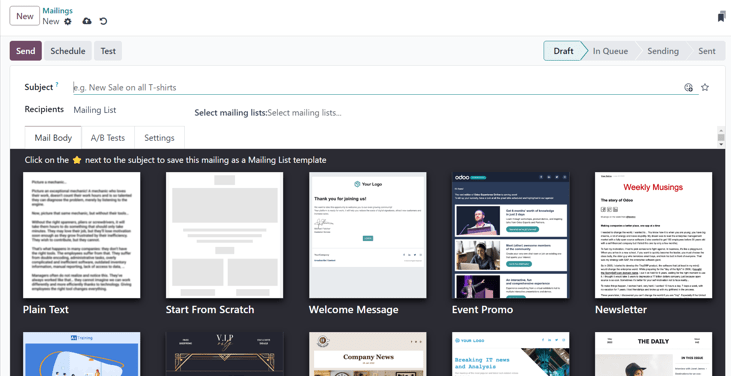Tómt eyðublað tölvupósts í Odoo Email Marketing.