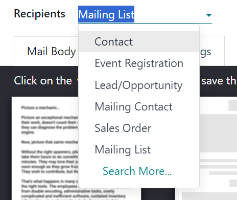 Yfirlit yfir fellivalmynd viðtakenda í Odoo Email Marketing.