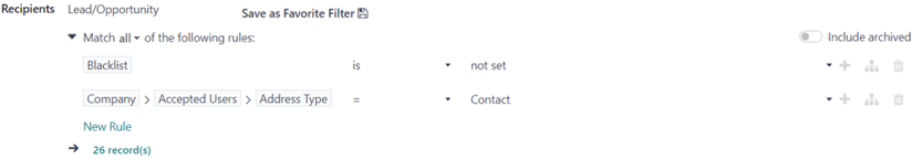 Sérstilling síu fyrir viðtakendur í Odoo Email Marketing.