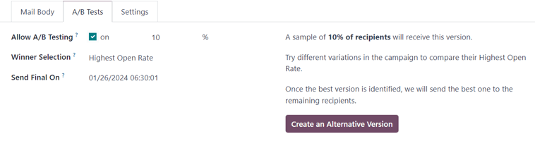 Yfirlit yfir A/B-próf flipann í Odoo Email Marketing forritinu.