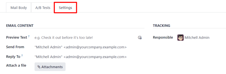Stillingarflipi í Odoo Email Marketing án virkrar herferðastillingar.