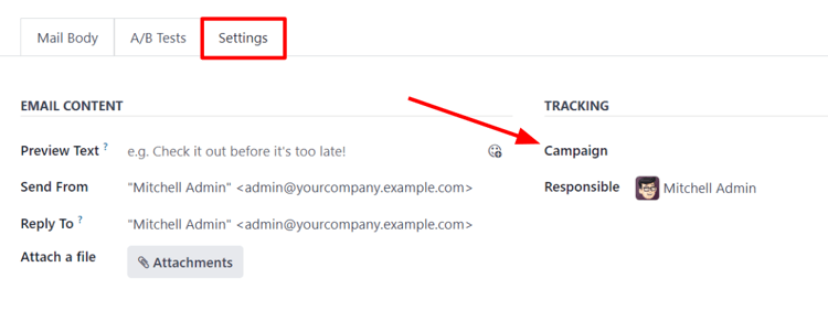 Stillingarflipi í Odoo Email Marketing þegar herferð er virkjuð.