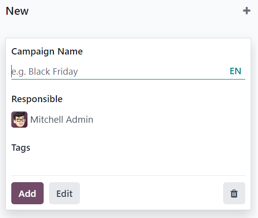 Sprettigluggi fyrir herferð á Kanban-korti í Odoo Email Marketing.
