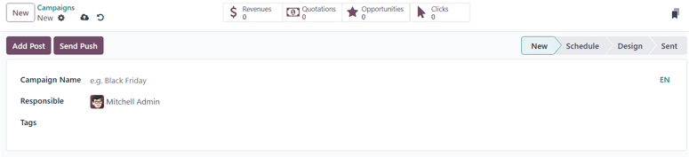 Autt form herferðar í Odoo Email Marketing.