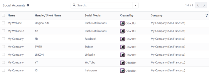 Síðan Samfélagsreikningar í Odoo Social Marketing.