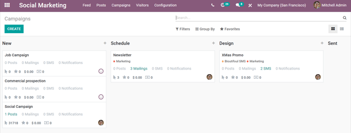 Yfirlitssíða herferða í Odoo Social Marketing.