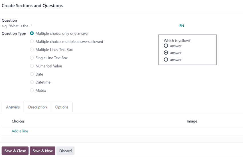 Sprettigluggi Búa til kafla og spurningar í Odoo Surveys.