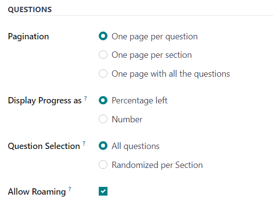 Hluti Spurningar í flipanum Valkostir á könnunarformi í Odoo Surveys.
