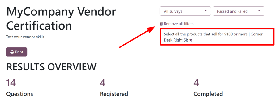 Virk sía á 'Sjá niðurstöður' síðu í Odoo Surveys.