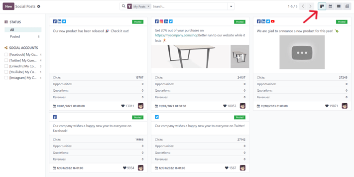 Kanban-sýn á færslusíðunni í Odoo Social Marketing.