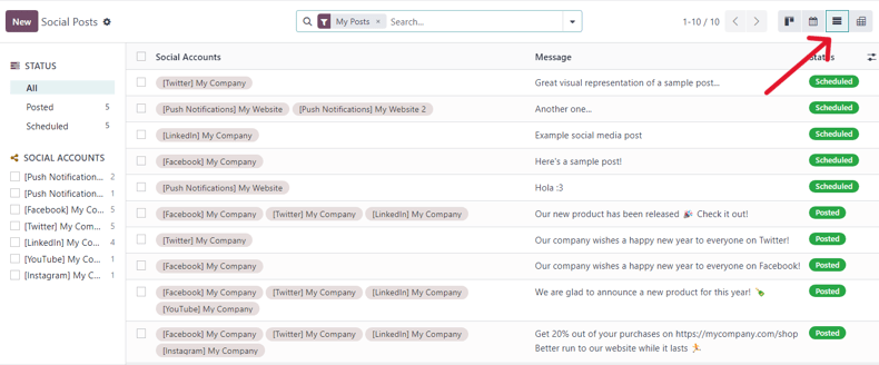 Listasýn á færslusíðunni í Odoo Social Marketing.