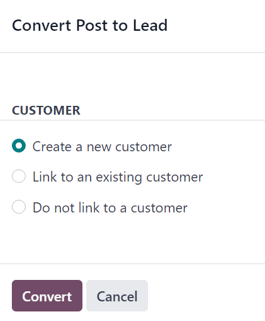 Sprettigluggi til að breyta færslu í leið í Odoo Social Marketing.