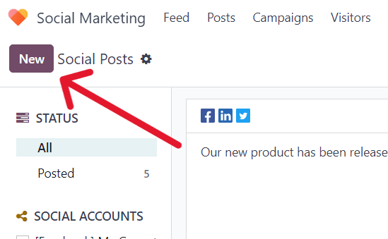 Takki: Nýtt á síðunni Færslur í Odoo Social Marketing.