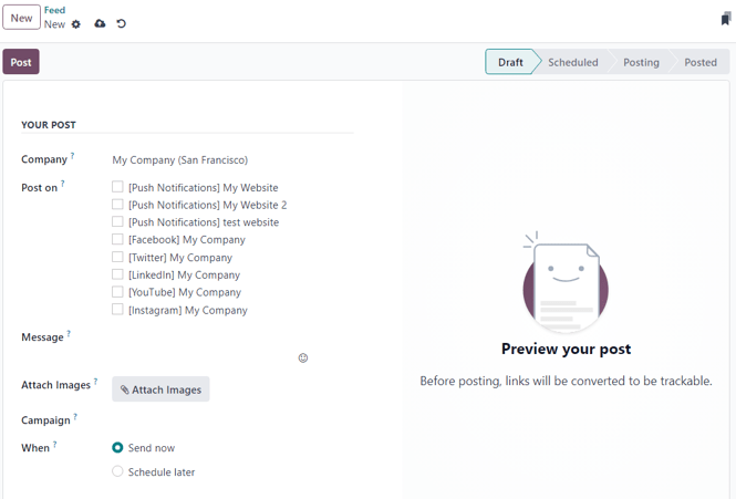 Tómt ítarform fyrir samfélagsmiðlafærslu í Odoo Social Marketing.