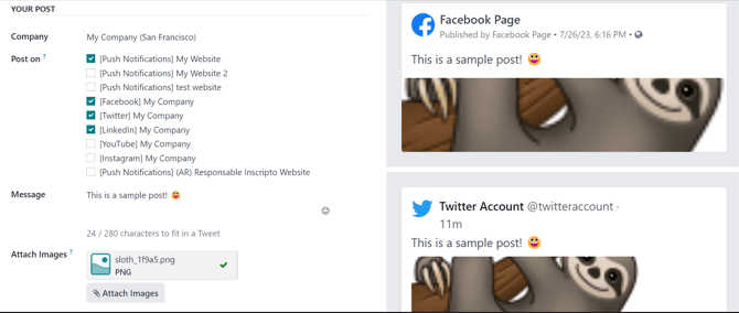 Sýnishorn af færslu með nýlega tengdum myndum í Odoo Social Marketing.
