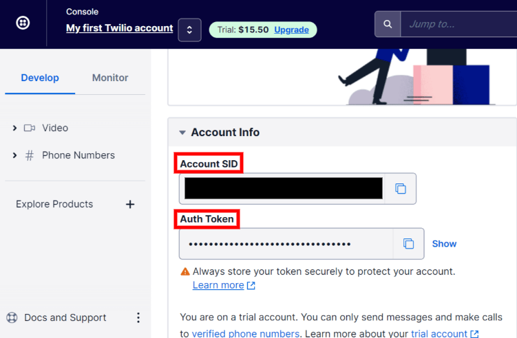 Hægt er að finna Twilio Account SID og Auth Token undir Account Info hlutanum.