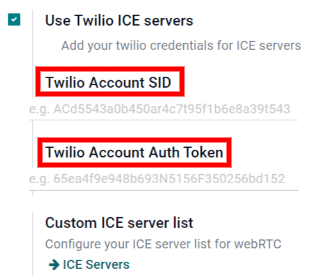 Virkjaðu valkostinn „Use Twilio ICE servers“ í Almennum stillingum Odoo.