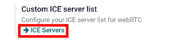 Hnappurinn „ICE Servers“ í Almennum stillingum Odoo.