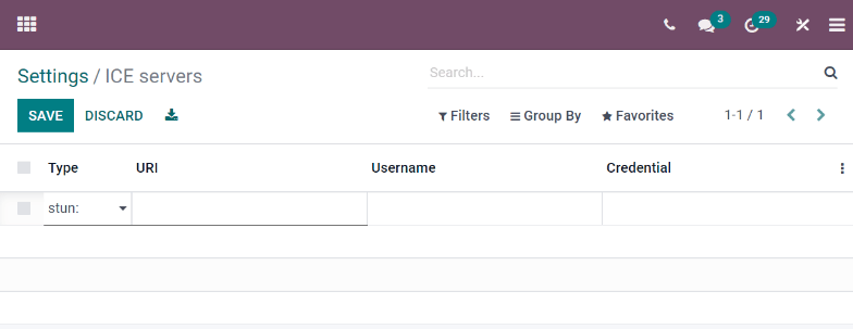 Síðan „ICE servers“ í Odoo.
