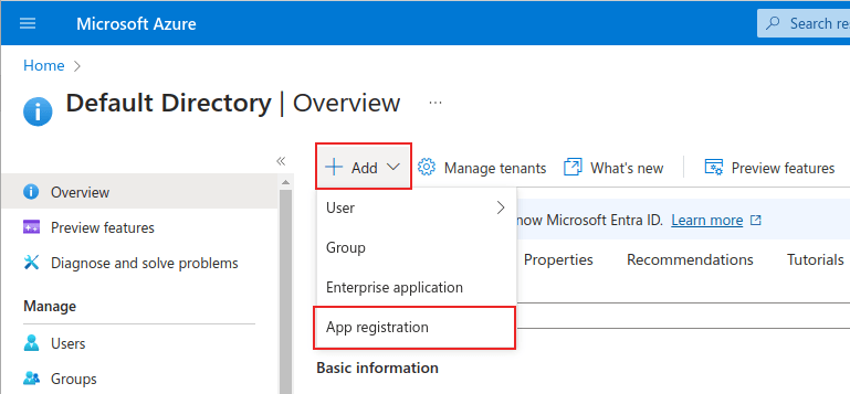 Stjórnendasíða Microsoft Azure með + Add og App Registration valmynd merkt.