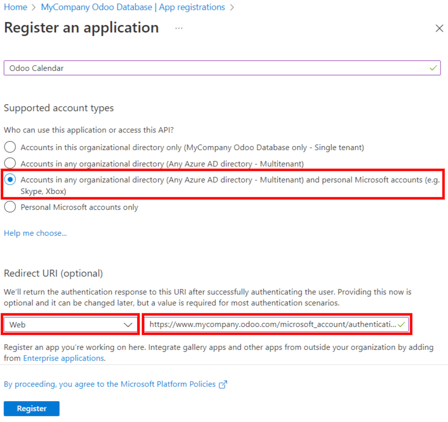 Stillingarnar "Supported account type" og "Redirect URI" í Microsoft Entra ID portali.
