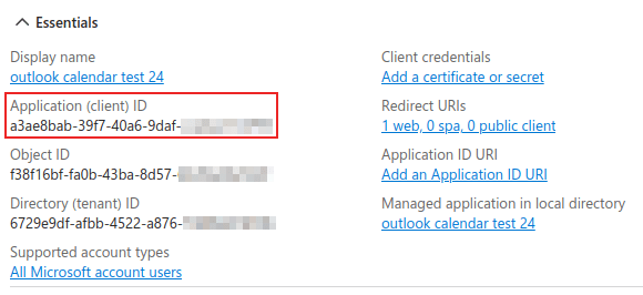 Application client ID (viðskiptavinaauðkenni) merkt í essentials-hluta nýstofnaðs forrits.