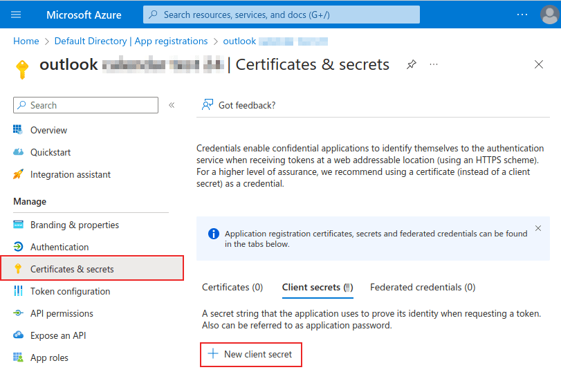Síða til að stofna nýtt client secret; valmyndin Certificates & secrets og valkosturinn New client secret eru merktir.
