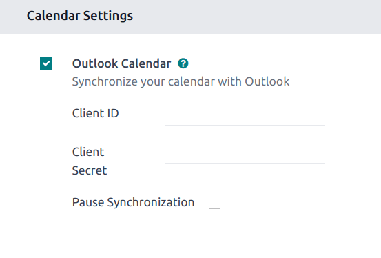 Stillingin „Outlook dagatal“ virkjuð í Odoo.