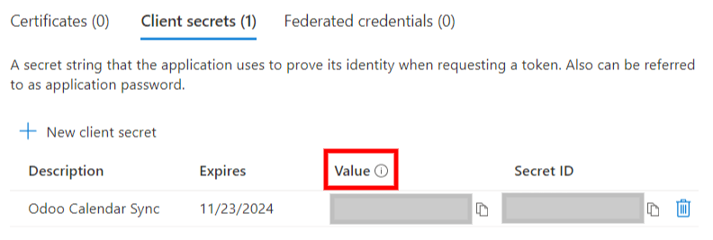 „Client Secret“ tákn sem á að afrita úr Microsoft yfir í Odoo.