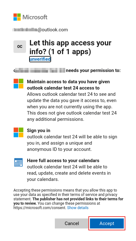 Auðkenningarferli á Microsoft Outlook OAuth síðu.