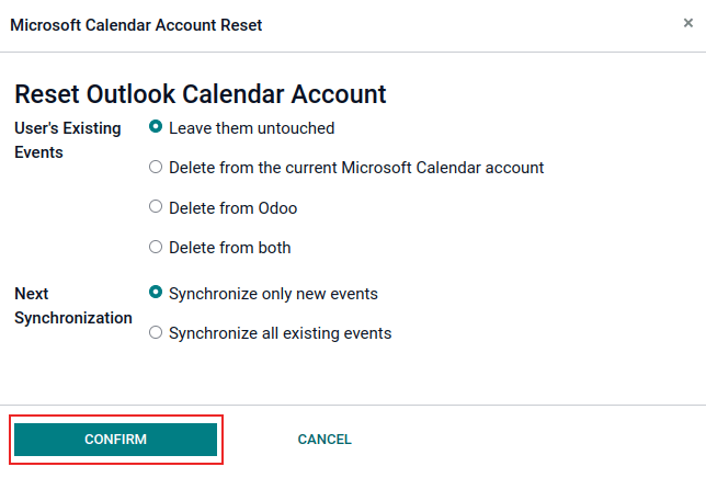 Valkostir til að endurstilla Outlook dagatal í Odoo.