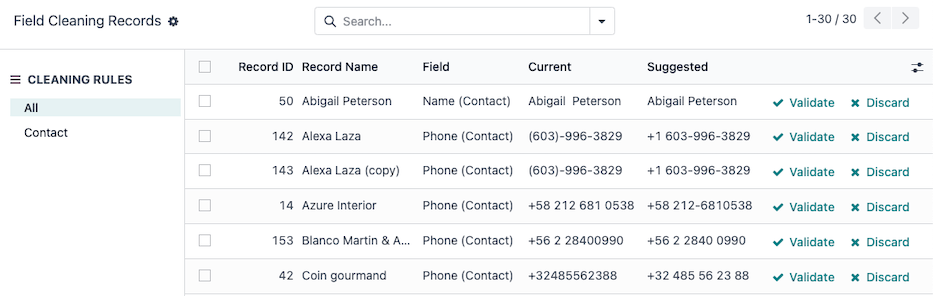 Skjáborð hreinsunar reita í Data Cleaning appinu.