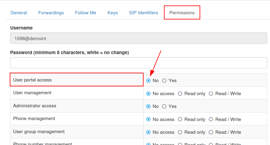 Síða til að stjórna notanda þar sem flipinn Permissions er valinn og fyrsta heimildin sýnir No.