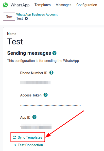 Samstilling Meta WhatsApp sniðmáta í Odoo, með 'Sync Templates' merkt.