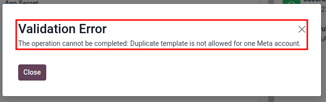 Villuskilaboð í Odoo þegar tvítekið sniðmát er til staðar.